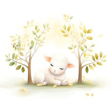A cute watercolor illustration of a sleeping lamb lying under a tree with yellow and green leaves.