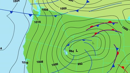 Animated weather forecast map of north west United States of America with isobars, cold and warm fronts, high and low pressure systems.