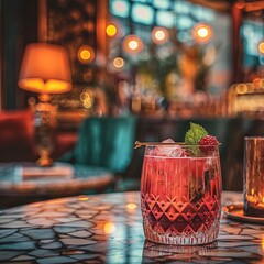 Close-up of a cocktail in a cozy bar