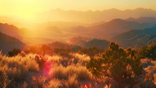 The sun majestically sets over the rugged desert mountains, casting a warm golden glow on the desert landscape, A blend of cool and warm hues emulating a desert at sunset