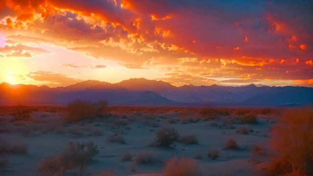 A breathtaking scene of a tranquil desert landscape showcasing towering mountains and drifting clouds, A blend of cool and warm hues emulating a desert at sunset