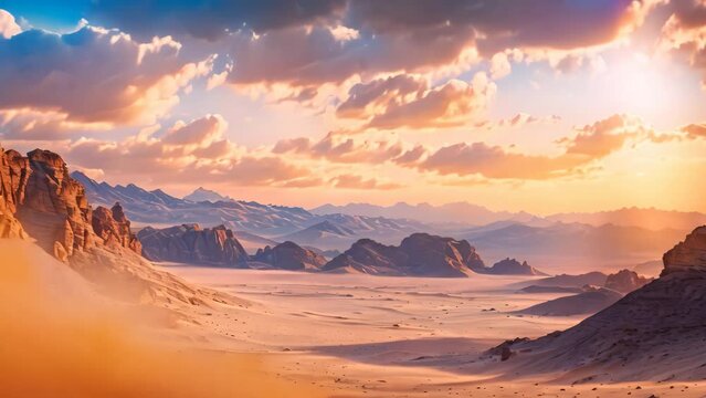 A breathtaking view of a vast desert with towering mountains in the far distance, A blend of cool and warm hues emulating a desert at sunset