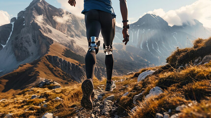 Man with prosthetic legs, an athlete runner runs along rocky path in mountainous area, close-up of man's legs. Active lifestyle concept with disability, movement and persistence, adventure and travel