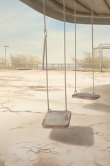 An empty playground with swings in the foreground. The background is a desert with a cracked earth. The sky is hazy and there are no people in the image.