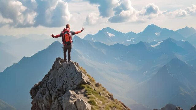 A man stands triumphantly on a mountaintop with his arms wide open, embracing the beauty of the world, A brave hiker showing the way for his friend in reaching the mountain top