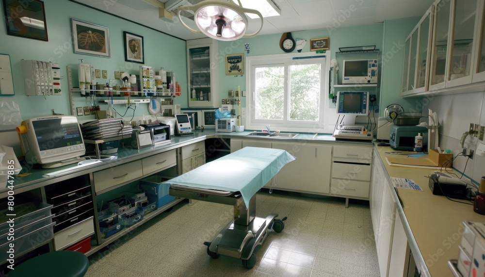 Poster building room with table and window, devoid of fixtures
