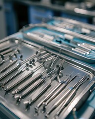 a close up of a tray of surgical instruments on a table