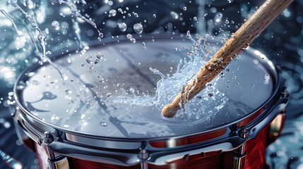 The drumstick hits the frame and the drum bounces up water droplets