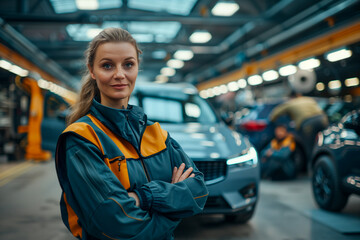 young female car or auto mechanic working in the factory
