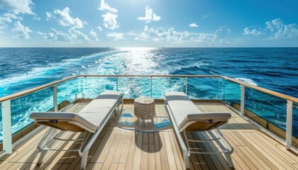Two lounge chairs on deck of cruise ship overlooking azure waters