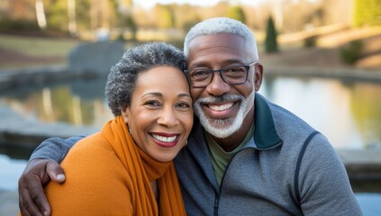 Moments Together: Elderly Couple, Man and Woman, Share Warm Embrace on Park Bench
