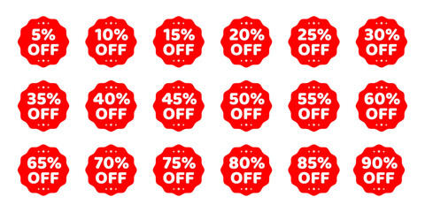 Percentage discount offer sale tags set in rounded zig zag circle in red color with stars. Discount sale off tag, 50, 20, 10, 40, 30, 60, 70, 45, 90, 5, 15 percent. Flat offer stamp, sticker clearance
