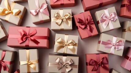 gift boxes with ribbon from top view.