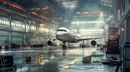 The passenger aircraft waiting for services maintenance of engine and fuselage repair in airport hangar. Large passenger aircraft on service in an aviation hangar