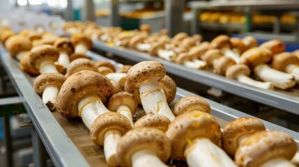 Conveyor belt of mushrooms in a food factory for recipes and baked goods
