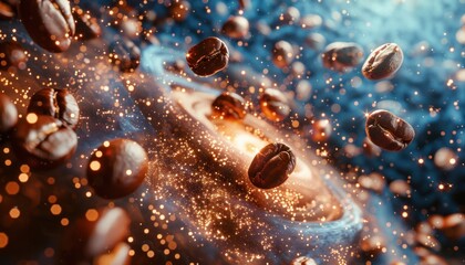 Coffee beans cascade into galaxy in electric blue macro photography art