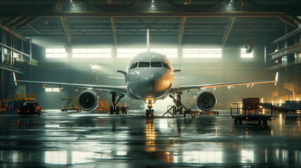 The passenger aircraft waiting for services maintenance of engine and fuselage repair in airport hangar. Large passenger aircraft on service in an aviation hangar