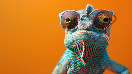 A blue and orange lizard with glasses on its face