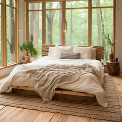 Design a cozy, modern bedroom with a platform bed