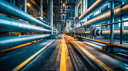Large piping inside of industrial power plant, Industrial factory interior featuring state of machinery, Steel large chrome pipes, Equipment
