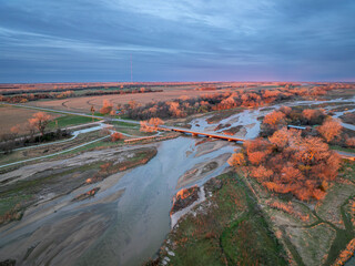 springtime sunrise over Platte River, crane viewing deck and plains near Kerney, Nebraska