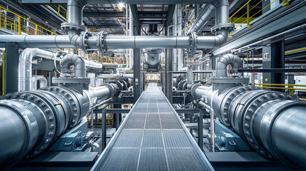 Large piping inside of industrial power plant, Industrial factory interior featuring state of machinery, Steel large chrome pipes, Equipment
