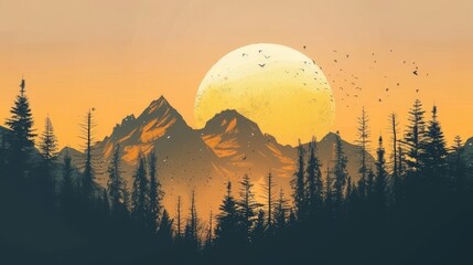 A beautiful landscape image of a forest with mountains in the background. The sky is a bright orange color and there is a large moon in the sky. - obrazy, fototapety, plakaty