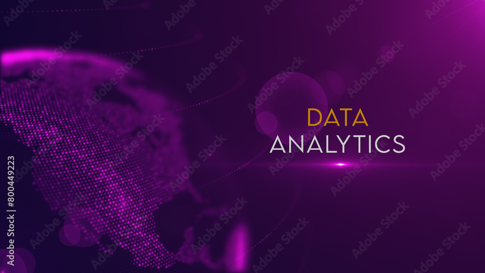 Poster futuristic data analytics lettering on purple blue shiny partial view of dotted globe earth world ma