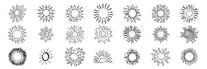 Collection suns in doodle style. Icons set of outline sun. Hand drawn vector art.