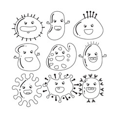 Collection of cute microbes in doodle style. Hand drawn vector art