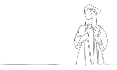 Graduated girl one line continuous. Line art graduated woman. Hand drawn vector art.