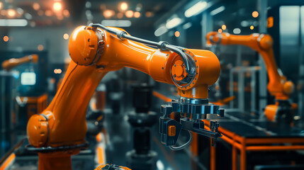 Industrial robot arms at modern factory. Modern hi-tech facility with automated line. Smart factory industrial, Industry 4.0 concept