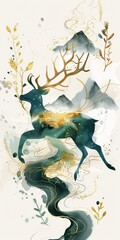 A watercolor painting of a deer with a gold and green color scheme. The deer is leaping over a river with mountains in the background. The painting has a soft, ethereal feel to it.