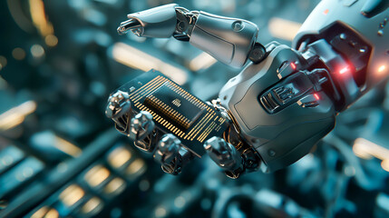 A robot arm holding CPU chip on hand, Modern high tech industrial, Industrial robotic manipulator. CPU Chip
