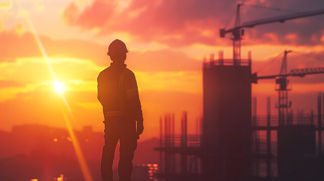 Silhouette of industry engineers standing on high ground heavy while working. Rear view of silhouette engineer standing outdoors