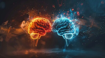 The image is of two brains, one red and the other blue, with flames coming out of them.