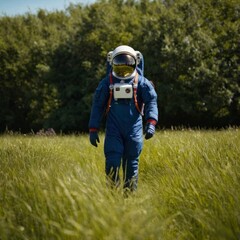 An astronaut in a blue suit and a closed helmet walks along the grass to a meeting