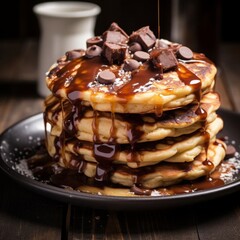 chocolate cube pancakes with melting chocolate served in black plate