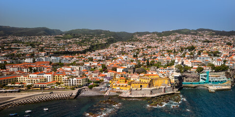 Aerial view of Capital Funchal cityscape, in Madeira Island, Is the sixth largest city in Portugal.