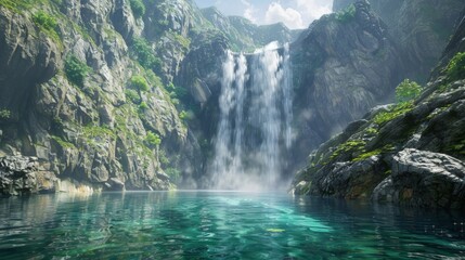 A majestic waterfall cascading down rocky cliffs into a serene pool below.