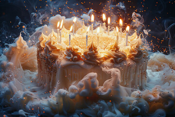 A candle burning atop a birthday cake, its flame dancing merrily as friends gather to celebrate.