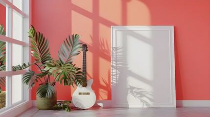 Table with guitar near light wall in room in pink wall, Vertical white poster Frame Mockup standing on floor with guitar near pink coral wall, 3d rendering Ai generated 