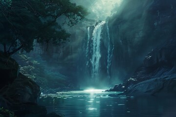 A majestic waterfall cascading into an otherworldly glowing pool - Powered by Adobe
