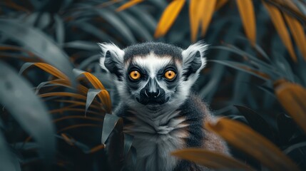 Obraz premium A tight shot of a Lemur with vibrant orange eyes amidst a sea of green and yellow foliage