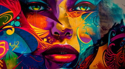 Vibrant street art mural with bold colors and intricate details, adding urban flair.