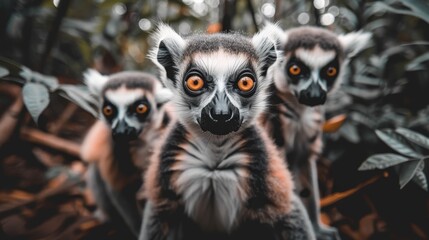 Obraz premium A group of lemurs stands atop a lush forest canopy, surrounded by an abundance of foliage and leaves