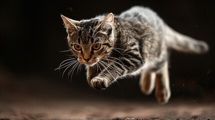 photo of the dynamic movement of a cat mid-pounce. Dynamic Pounce of a Striped Tabby Cat.A tabby cat in mid-pounce against a dark backdrop.