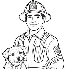 Colouring page. Cute cartoon handsome fireman with a rescued puppy. Childish design for kids coloring book.