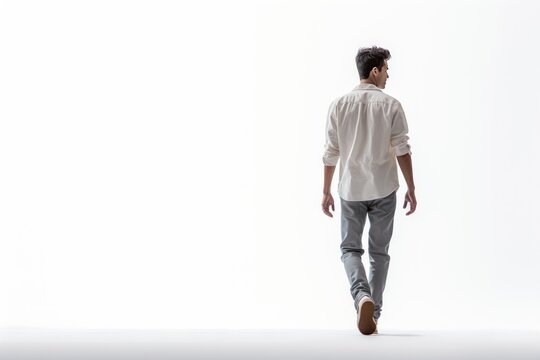 A man wearing a white shirt and jeans walked over against a white background