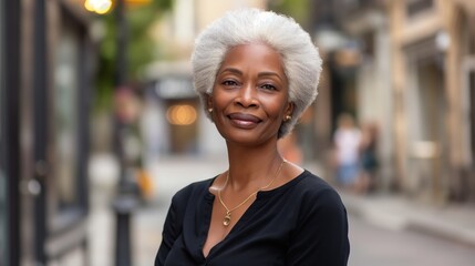 Attractive smiling white haired black mature woman posing in a city street looking at the camera 
